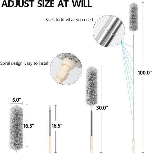 Clonynix Microfiber Dusters for Cleaning, 100" Telescopic Extension Long Pole Bendable Head, Scratch-Resistant Cover, Washable Duster for High Ceiling Fan, Blinds, Furniture & Cars