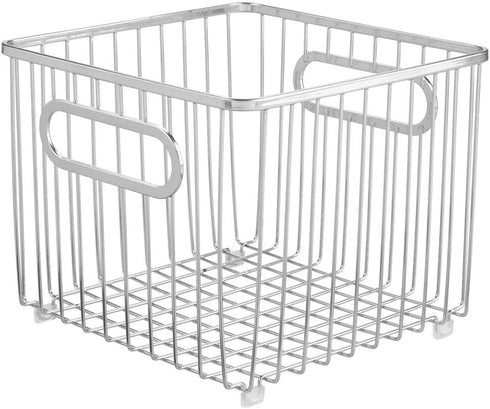 mDesign Metal Bathroom Storage Organizer Basket Bin - Farmhouse Wire Grid Design - for Cabinets, Shelves, Closets, Vanity Countertops, Bedrooms, Under Sinks - Square, 2 Pack - Chrome