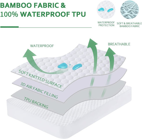 Twin Mattress Protector Waterproof Cooling Twin Size Mattress Cover, 3D Air Smooth Soft Bamboo Mattress Protector, Breathable Noiseless Bed Mattress Pad, Fitted 8-18 inch Deep Pocket