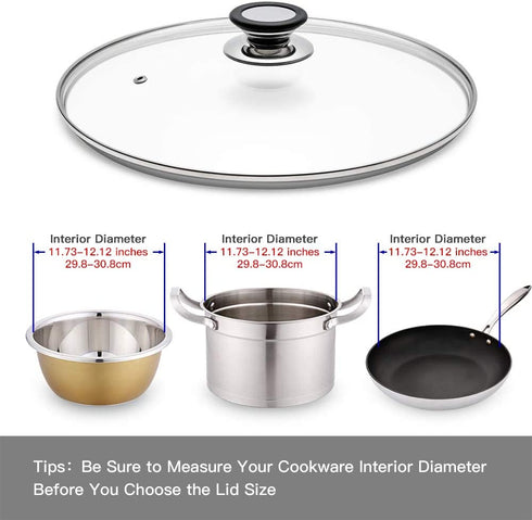 Glass Lid for Frying Pan, Fry Pan, Skillet, Pan Lid with Handle Coated in Silicone Ring,12"/30cm, Clear