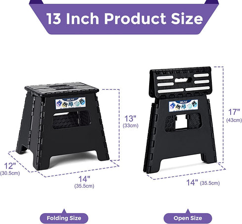 Delxo Step Stools for Adults and Kids,Extra-Strong 13 Inch Folding Step Stool Anti-Skid Plastic Stepping Stool,Upgraed Foldable Step Stool for Kitchen,300lbs Capacity (Black)