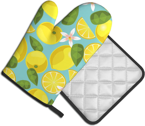 VEIZKUO Lemon Pattern Yellow Oven Mitts Cute Pot Holders Sets for Kitchen Hot Pads Heat Resistant Washable for Counter Table Decorative BBQ Cooking Baking Grilling, One Size