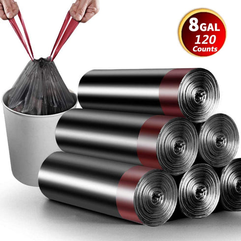 8 Gallon Trash Bags 120 Count Black Drawstring Trash Bags Thick Garbage Bags for Office Kitchen Home Plastic Trash Bags 22.06'' x 25.61'' (Black, 8)