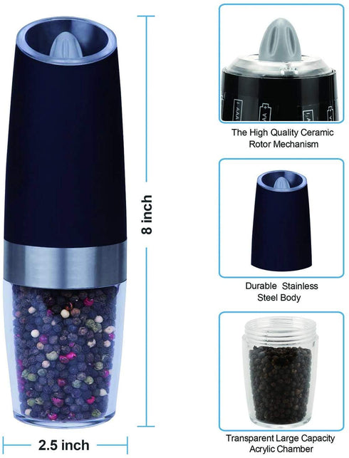 Pepper Grinder, Gravity Electric Pepper Mill, Battery Operated Automatic Salt Mill with Blue LED Light, One Handed Operation, Adjustable Coarseness, Black?Including Stainless Steel Spoon?