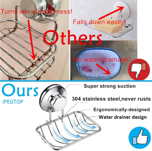 iPEGTOP Super Powerful Vacuum Suction Cup Shower Soap Dish - Strong Rustproof Stainless Steel Soap Saver Sponge Holder for Bathroom & Kitchen Sink, 2 Pack