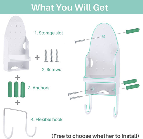 DOUBLE 2 C Iron Board Hanger Wall Mount, Electric Iron Board Holder and Ironing Board Storage Organizer Shelf with Removable Hooks for Laundry Room - for Max 5.3 inch Width