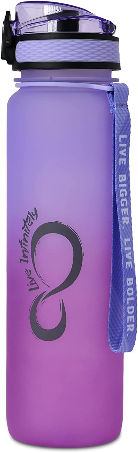Live Infinitely 34 oz Gym Water Bottle with Time Marker - Fruit Infuser Screen BPA Free 1 Liter Water Bottle - Locking Flip Top Lid & Durable Travel Bottle Coating (Amethyst 34oz)