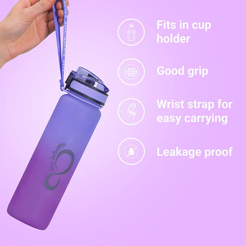 Live Infinitely 34 oz Gym Water Bottle with Time Marker - Fruit Infuser Screen BPA Free 1 Liter Water Bottle - Locking Flip Top Lid & Durable Travel Bottle Coating (Amethyst 34oz)