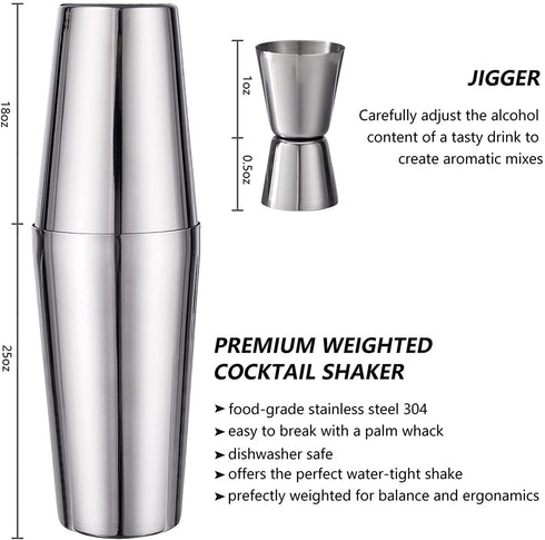 HBlife 18 Piece Cocktail Shaker Set - Stainless Steel Bartender Kit Bar Set with 25oz/18oz Boston Shaker, Muddler, Double Jigger, Mixing Spoon & More, Perfect for Home Bars and Parties, Sliver