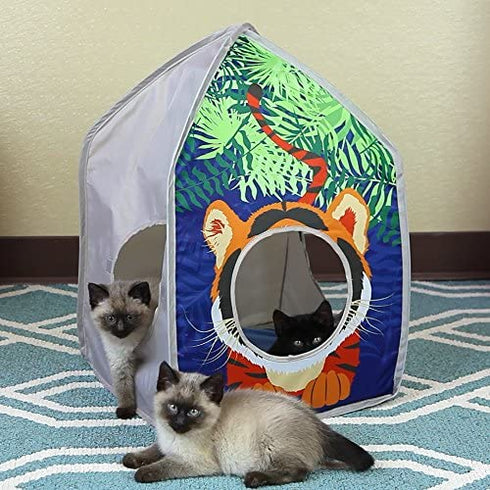 Kitty City Pop-up Safari Hut Play House, Cat Cube, Play Kennel, Cat Bed, Jungle Cat House