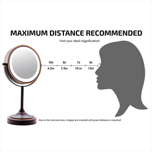 Ovente 7'' Lighted Tabletop Makeup Mirror, 1X & 7X Magnifier, Spinning Double Sided Round LED, Great for Vanity, Bath, & Bedroom, Battery Powered, Antique Bronze MCT70ABZ1X7X