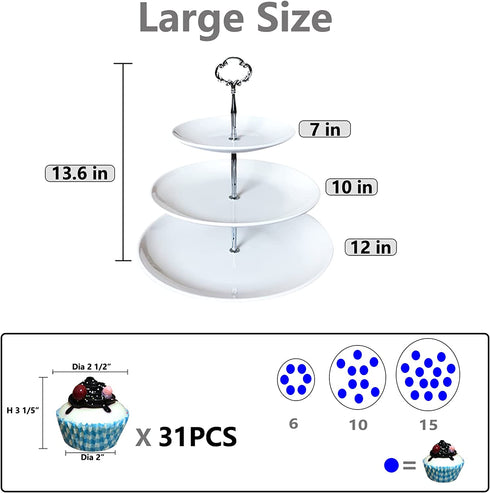 3 Tier Serving Tray Melamine White Stand for Cupcake Cake Dessert Pastry Fruit Tea Party (Large Size)