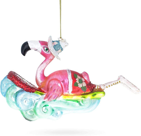 BestPysanky Pink Flamingo Surfing Glass Christmas Ornament