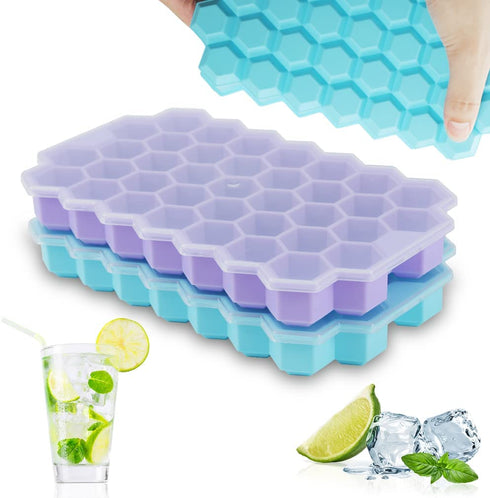 Upgrade Ice Cube Trays, TGJOR 2 Pack Silicone Flexible Ice Cube Trays with Lid, 74 Cubes Ice Trays for Chilled Drinks, Whiskey & Cocktails , Stackable Flexible Safe Ice Cube Trays (blue+purple)