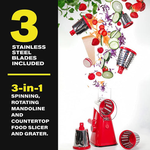 Nutrislicer 3-in1 Kitchen Spinning/Rotating Mandoline Countertop Vegetable Slicer Fruits Slicer Chopper Shredder Grater with 3 Stainless Steel Drum Blades For Vegetable, Fruits, Cheese As Seen On TV