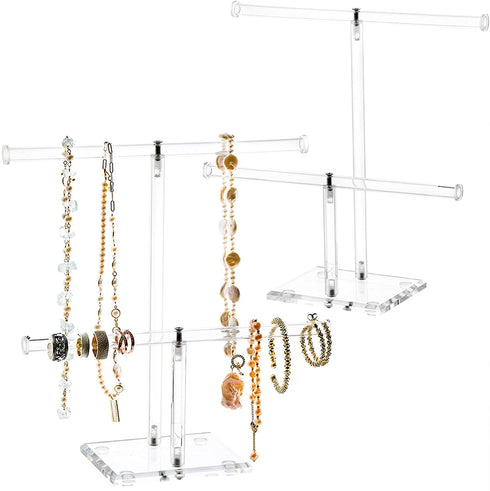 Okllen 2 Pack 2 Tier Acrylic Bracelet Holder, T-bar Clear Jewelry Display Stand, Necklace Storage Tower Jewelry Hanging Organizer for Bangle, Watch, Pendant, Headband Scrunchy, 9.5" W x 10" H