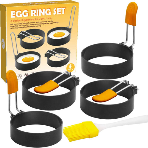 DflowerK Professional Egg Ring 4 Pack Nonstick Egg Maker Molds with Silicone Handle for Egg Frying Shaping Griddle Sandwiches Omelette Pancake Burger (Orange)