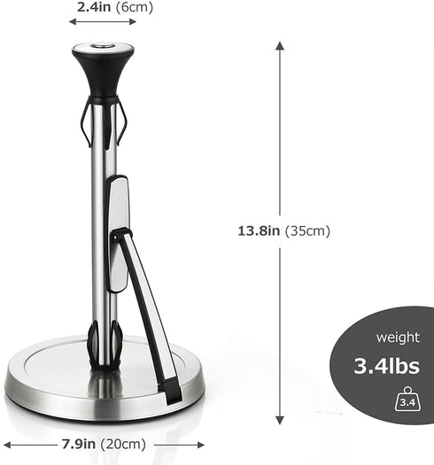 Paper Towel Holder, Lycklig Tension Arm Kitchen Roll Dispenser Stainless Steel Paper Towel Holder Stand with Weighted Base, Ideal for Kitchen & Dining Room