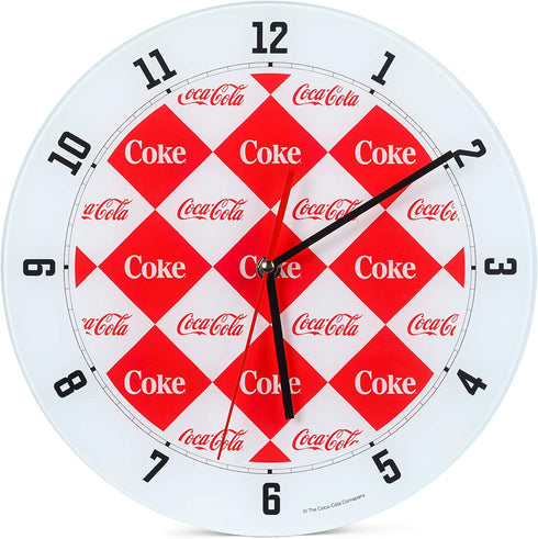Mark Feldstein & Associates Coca Cola Diamond Pattern Red and White 12 inch Glass Round Wall Clock