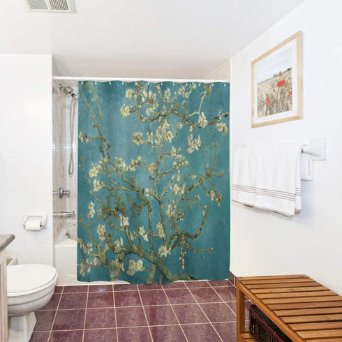IcosaMro Van Gogh Shower Curtain for Bathroom with Hooks, Almond Blossom Flowers Decorative Long Cloth Fabric Shower Curtain Bath Decorations - 71Wx72L, Green