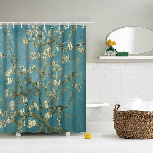 IcosaMro Van Gogh Shower Curtain for Bathroom with Hooks, Almond Blossom Flowers Decorative Long Cloth Fabric Shower Curtain Bath Decorations - 71Wx72L, Green