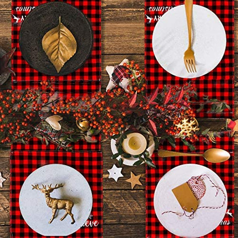 Whaline Christmas Cloth Napkins Red Black Buffalo Plaid Placemat 6 Pack Merry Christmas Dinner Table Napkins Reusable Washable Table Decoration for Home Kitchen Xmas Party, 3 Design, 18 x 18 Inch