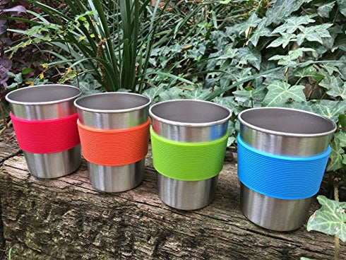 Stainless Steel Cups for Kids and Toddlers 8 oz. with Silicone Sleeves - Small Metal Cups for Home & Outdoor Activities, BPA Free Healthy Unbreakable Premium Metal Drinking Glasses (4-Pack)