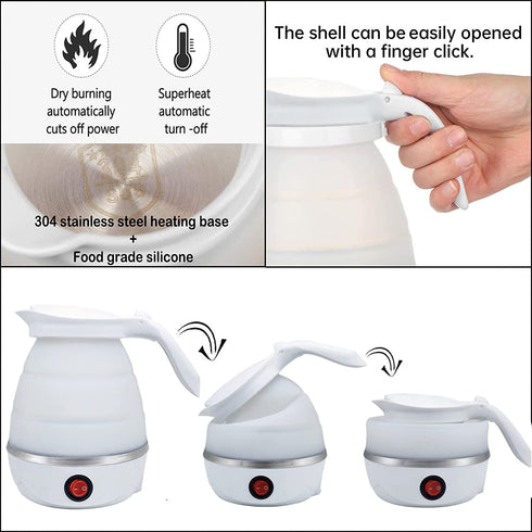 Travel Foldable Electric Kettle, Food Grade Silicone Portable Collapsible Electric Kettle for Boiling Water with Dual Voltage, 600ML, 110/220V, US Plug