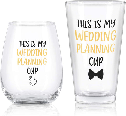 This Is My Wedding Planning Cup Stemless Wine Glass and Beer Glass Set, Wedding Gifts, Engagement Gift Set for Newlywed New couple Her Him Fiancee Fiance Bride Lovers Friends Women Men, 12Oz