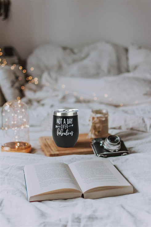 Birthday Gifts Set for Women, Not a Day Over Fabulous Tumbler, Fathers Day Funny Christmas Gifts Ideas for Women, Mom, Wife, Men, Husband, Dad, Sister, Aunt, Friends,12oz Tumbler with Lid (Black)