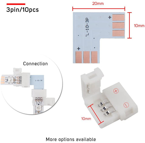 BTF-LIGHTING 10sets 3PIN 10mm Width Right Angle L Shape solderless Corner Connector for WS2811 WS2812B SK6812 LED Strip No Soldering Can't Support 144LEDs/m or ALTOVE LED Strip