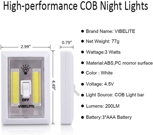 LED Night Light Switch, 200 Lumen Wireless COB LED Switch Light, Under Cabinet, Shelf, Closet, Garage, Kitchen, Stairwell and Emergency, Battery Operated, Batteries Included, 4 Pack