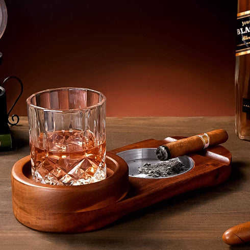 Cigar Ashtray Coaster Whiskey Glass Tray and Cigar Holder, Wooden Ash Tray, Slot to Hold Cigar, Cigar Rest, Cigar Accessory Set Gift for Men Dad, Great Decor for Home,Office or Bar