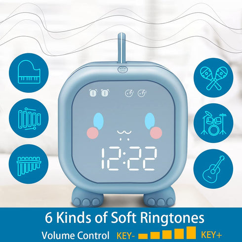 Kids Alarm Clock with Dinosaur, Digital Alarm Clock for Kids Bedroom, Cute Bedside Clock Children's Sleep Trainier, Wake Up Light and Night Light with USB for Boys Girls Birthday Gifts. (Blue)