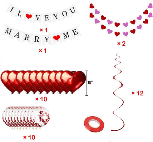 Proposal Decorations for her, I Love You Banner, Merry Me Banner,Valentines Day Decor, 2 Glitter Red Heart Garland, Red Heart Foil Balloon, Confetti Balloons