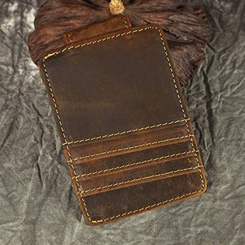 Le'aokuu Mens Genuine Leather Cowhide Magnet Money Clip Credit Case Case Holder Slim Wallet (Dark Brown)