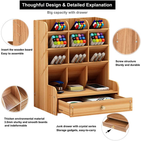Marbrasse Wooden Pen Organizer, Multi-Functional DIY Pen Holder Box, Desktop Stationary, Easy Assembly, Home Office Art Supplies Organizer Storage with Drawer (B11-Cherry Color)