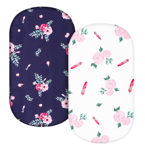 TILLYOU Silky Soft Breathable Bassinet Sheets Fitted for Baby Boy Girl, Compatible with Brands’ Basinette Bedside Co-Sleeper Lounger Cradle Oval Rectangle Hourglass Mattress, 2-Pack Floral Flowers