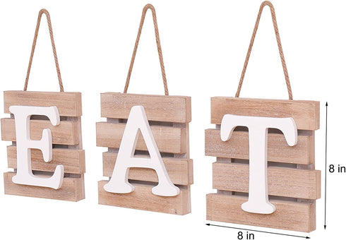 Eat Signs Wood Wall Art Wall Decor Plaque with Hanging Rope 3 Pieces Decorative Rustic Farmhouse Country for Kitchen Dining Living Home Decoration (White)