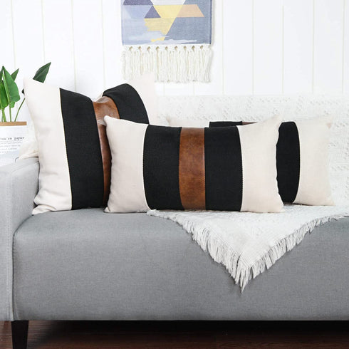 JASEN Set of 2 Faux Leather and Linen Lumbar Pillow Covers 12x20 Inch Black and White Modern Farmhouse Rectangular Accent Cushion Covers for Couch Sofa