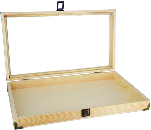 MOOCA Natural Wood Glass Top Jewelry Display Case, Wooden Jewelry Tray for Collectibles, Home organization Accessories Storage Box with Metal Clasp and Black Velvet Pad
