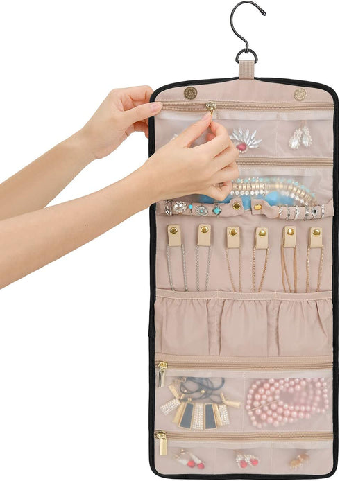 BAGSMART Travel Hanging Jewelry Organizer Case Foldable Jewelry Roll with Hanger for Journey-Rings, Necklaces, Bracelets, Earrings, Black