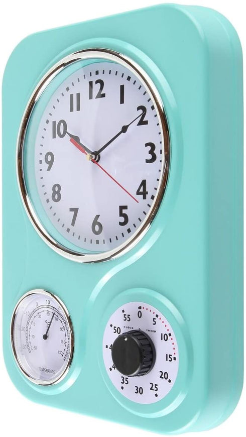 Lily's Home Retro Kitchen Wall Clock, with a Thermometer and 60-Minute Timer, Ideal for Any Kitchen, Turquoise (9.5 in x 13.3 in)