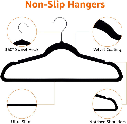Amazon Basics Slim, Velvet, Non-Slip Suit Clothes Hangers, Black/Silver - Pack of 30