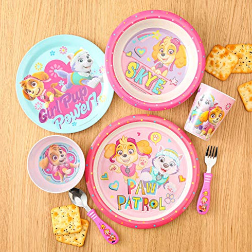 Zak Designs Kids Dinnerware 5 Piece Set - Paw Patrol Skye & Everet, Includes Plate, Bowl, Tumbler and Utensil Tableware, Non-BPA Made of Durable Material and Perfect for Kids