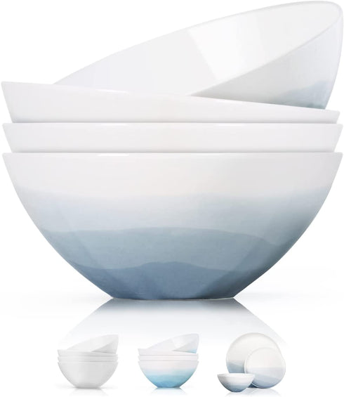 Luna 4PC 6.75" 32oz Calm Blue Porcelain Bowls | Microwave safe bowls l Cereal bowls | Pasta bowl | Large soup bowl | ceramic bowl | Kitchen bowls | Salad Bowls | Noodle bowls| Big bowl | Serving bowls