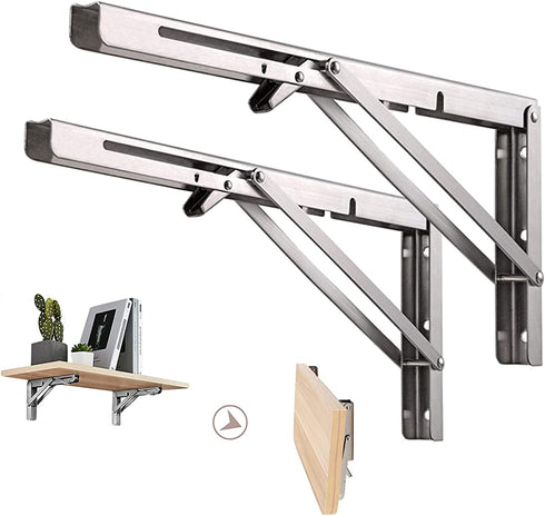 Folding Shelf Brackets 12 Inch, Heavy Duty Stainless Steel Collapsible L Angle Wall Mounted Brackets, DIY Shelves for Table Work Bench Max Load 250lb, Pack of 2 with Install Screws