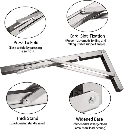 Folding Shelf Brackets 12 Inch, Heavy Duty Stainless Steel Collapsible L Angle Wall Mounted Brackets, DIY Shelves for Table Work Bench Max Load 250lb, Pack of 2 with Install Screws