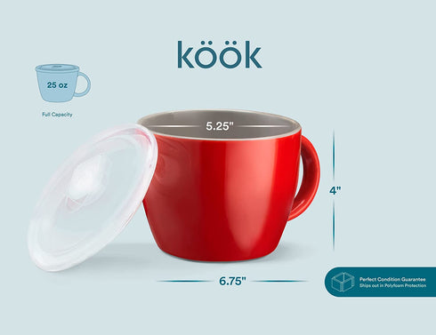 Kook Ceramic Soup Mugs, with Handle and Vented Plastic Lid, Microwave Safe, Travel Cups, for Coffee, Cereal, Noodles and Tea, 25 oz, Set of 2,Cherry/Grey