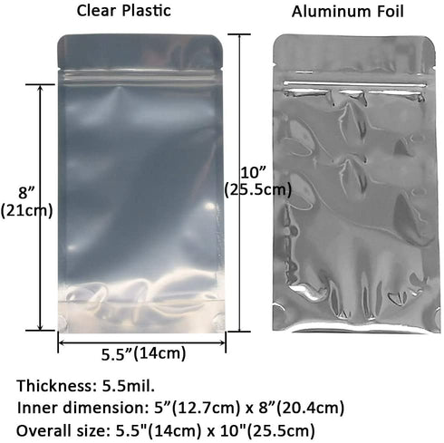 Belinlen 100 Pack 5.5 x 10 Inch Stand Up Pouch Bags Zipper Mylar Bags Clear Front with Aluminum Foil Back Reusable Food Storage Bags for Multipurpose with Gusset Bottom(5.5mil Thickness)